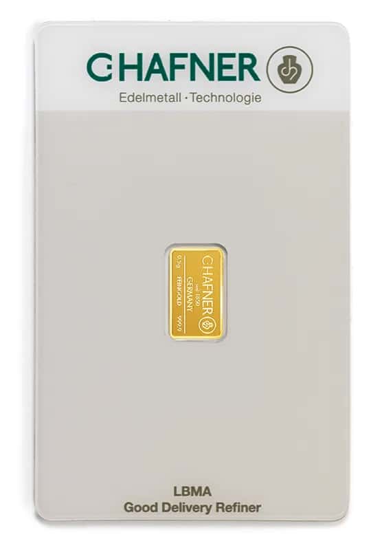 Sztabka złota C.Hafner 0,5 g — złoto inwestycyjne 999,9 (LBMA) w blistrze CertiCard