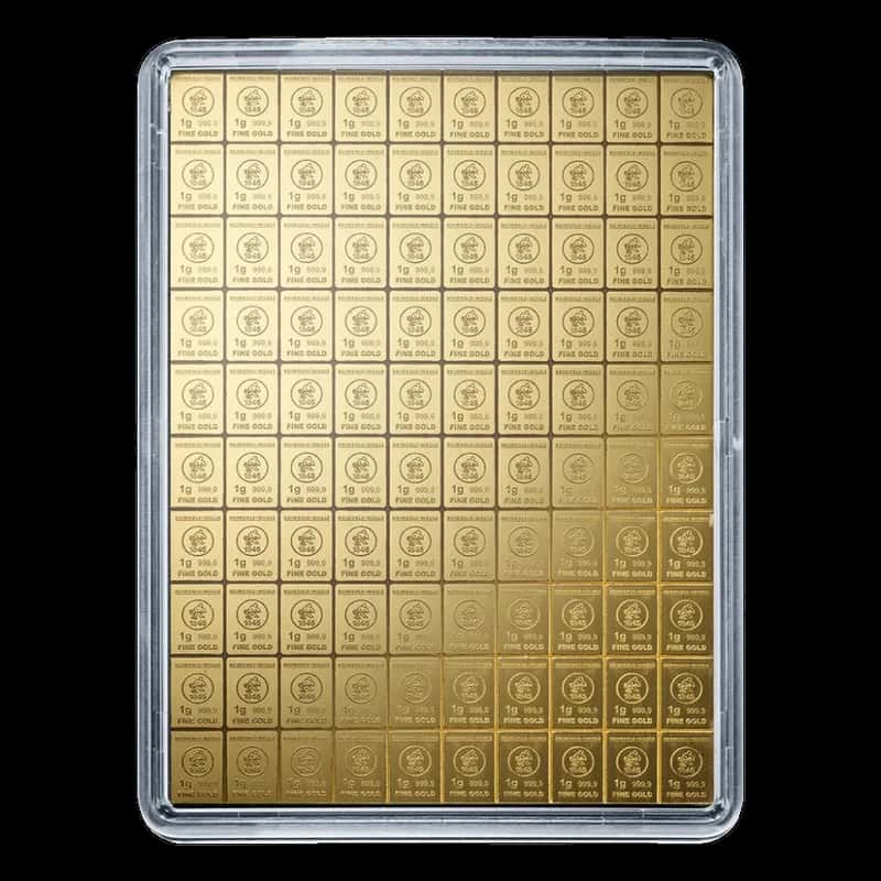 Złoty CombiBar Heimerle + Meule 100 × 1 g, próba 999,9, tabliczka podzielna na gramowe sztabki