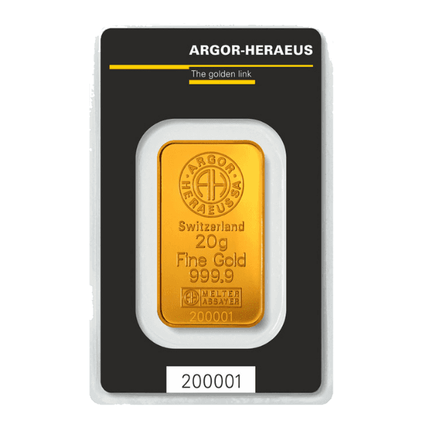 Sztabka złota Argor Heraeus 20 g — złoto inwestycyjne 999,9