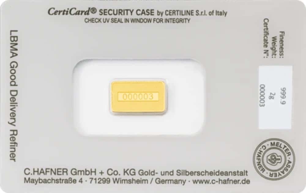 Sztabka złota C.Hafner 2 g — złoto inwestycyjne 999,9 (LBMA)