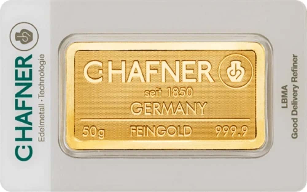Sztabka złota C.Hafner 50 g — złoto inwestycyjne 999,9 (LBMA)