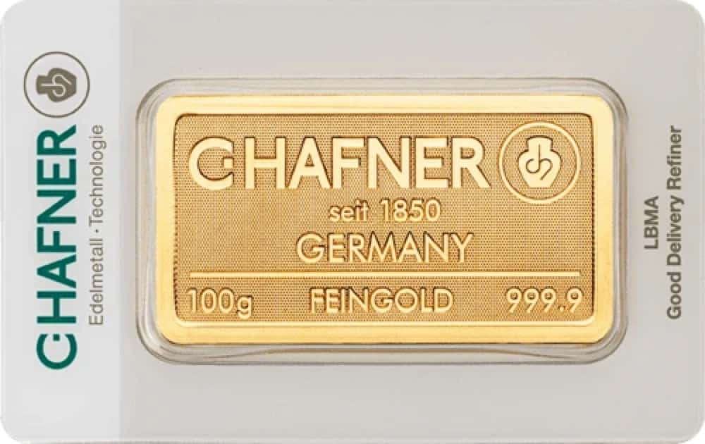 Sztabka złota C.Hafner 100 g — złoto inwestycyjne 999,9 (LBMA)