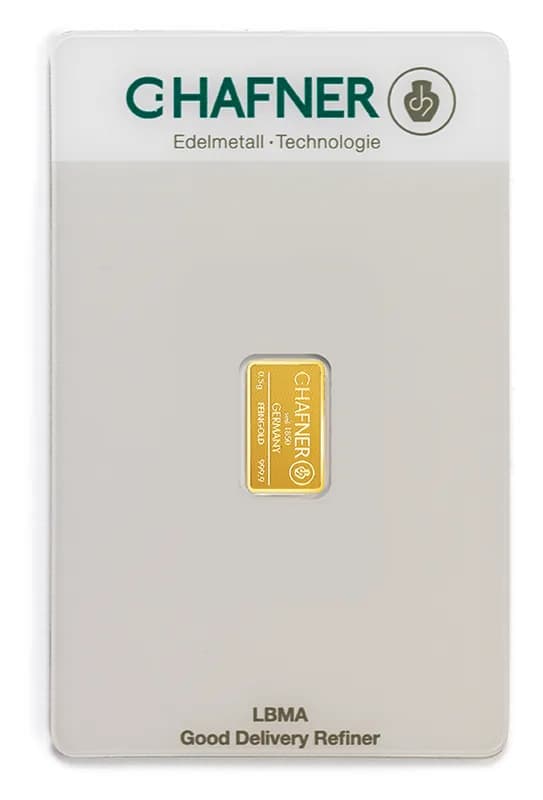 Sztabka złota C.Hafner 0,5 g — złoto inwestycyjne 999,9 (LBMA) w blistrze CertiCard