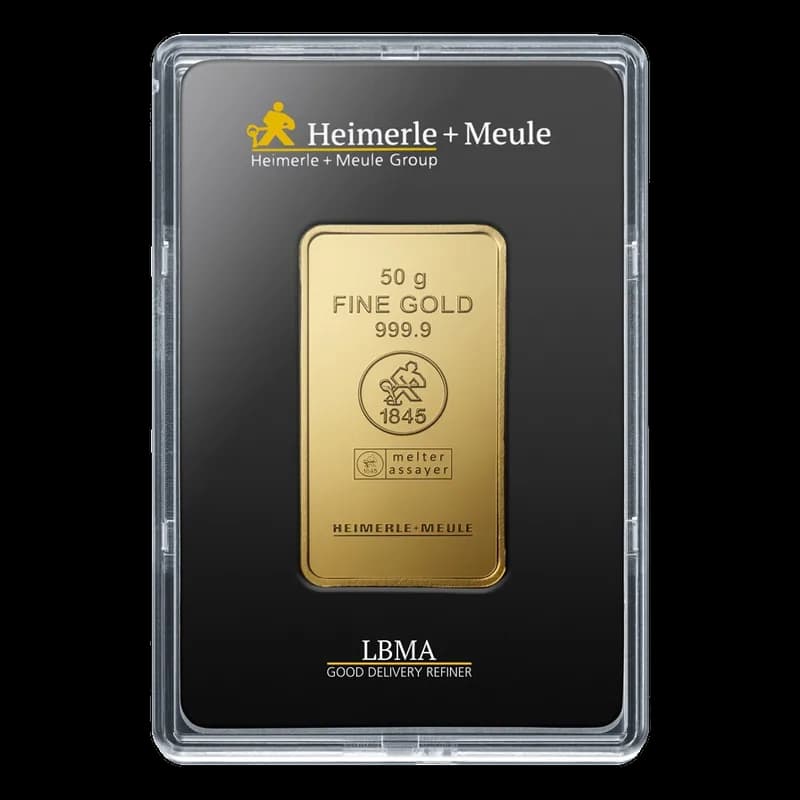 Sztabka złota Heimerle + Meule 50 g, próba 999,9, w blistrze z certyfikatem
