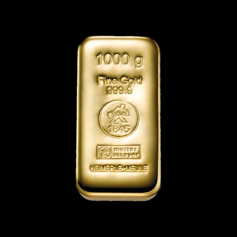 Lana sztabka złota Heimerle + Meule 1000 g, Fine Gold 999,9, logo rafinerii 1845