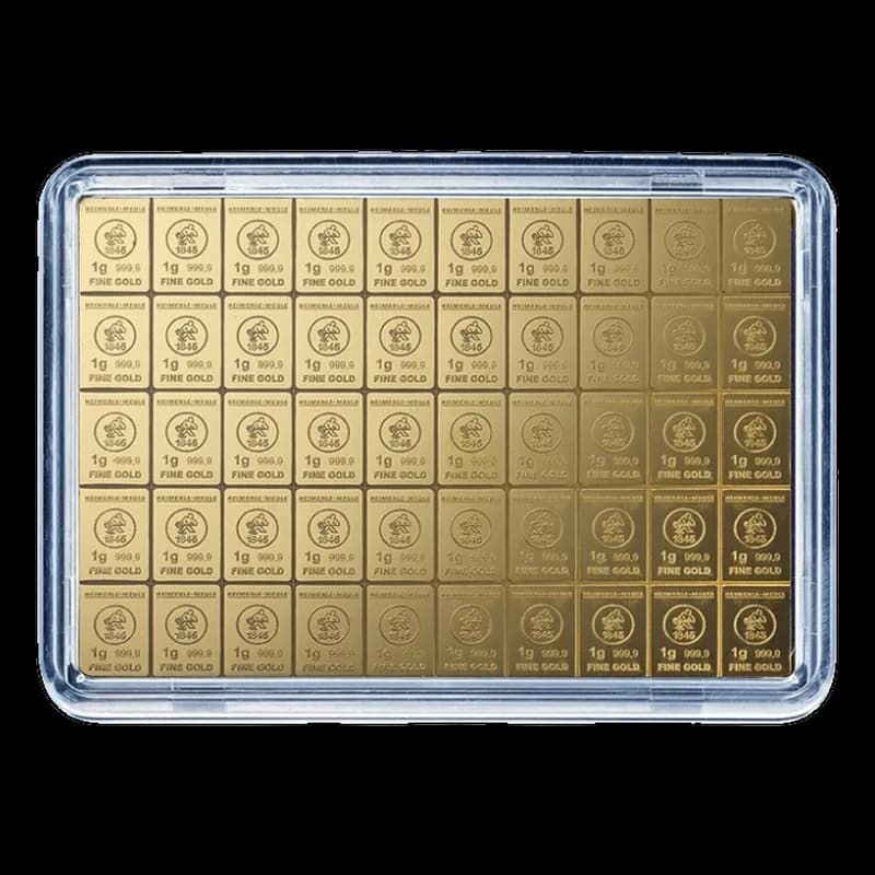 Złoty CombiBar Heimerle + Meule 50 × 1 g, próba 999,9, tabliczka podzielna na gramowe sztabki