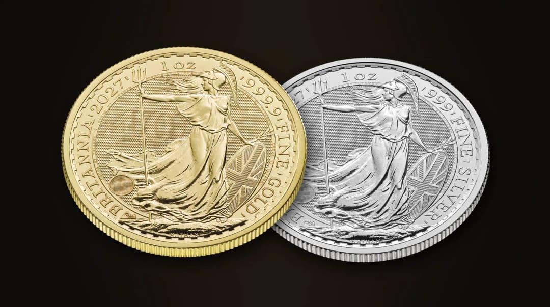 Złota i srebrna moneta Britannia 2027 o masie 1 uncji, rewersy z postacią Britannii, znakiem jubileuszowym fali oraz próbą 999,9 i 999
