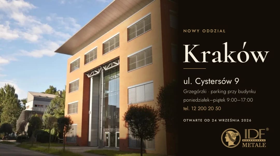 Nowy oddział IDF Metale w Krakowie: budynek przy ul. Cystersów 9 na Grzegórzkach, godziny otwarcia pon.–pt. 9:00–17:00 i telefon 12 200 20 50