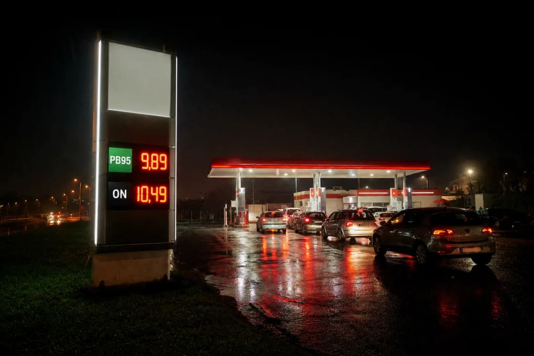 Stacja paliw nocą w deszczu, pylon z cenami PB95 9,89 zł i ON 10,49 zł, kolejka samochodów