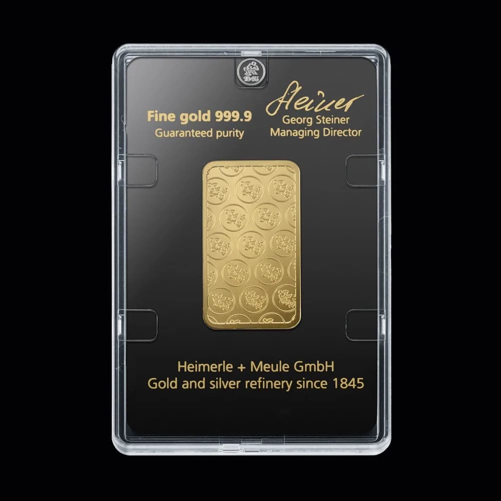 Sztabka złota 1 uncja Heimerle + Meule w blistrze z certyfikatem: Fine gold 999.9, Gold and silver refinery since 1845