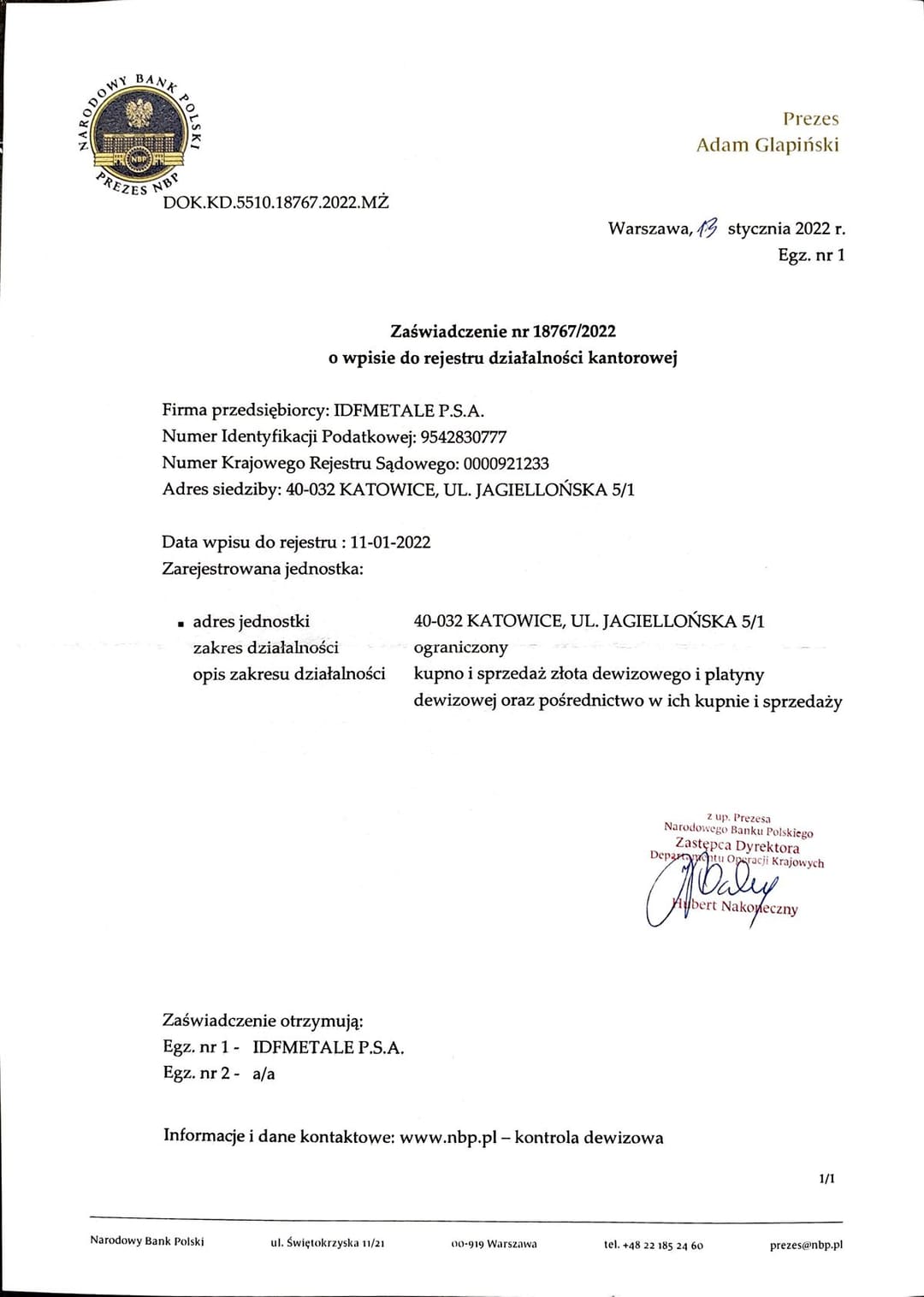 Zaświadczenie Narodowego Banku Polskiego nr 18767/2022 o wpisie IDF Metale P.S.A. do rejestru działalności kantorowej