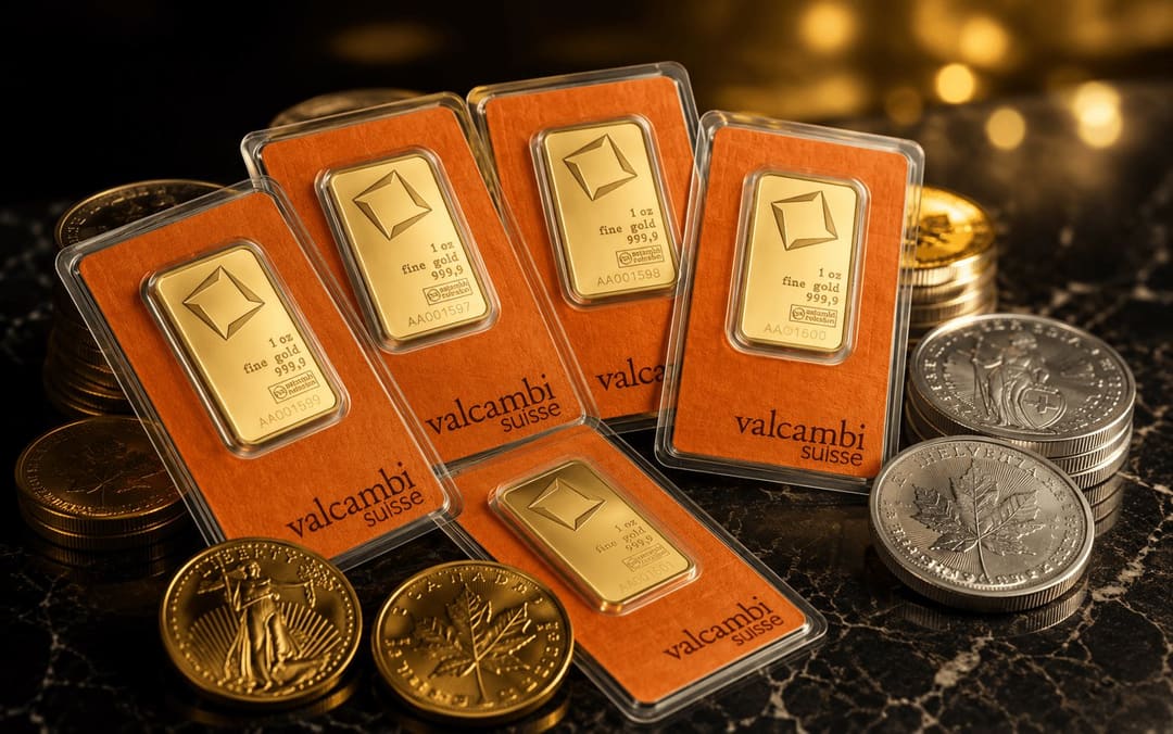 Sztabki złota Valcambi Suisse oraz złote i srebrne monety bulionowe — skup metali szlachetnych IDF Metale