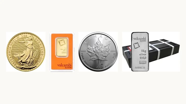 Złota moneta i sztabka obok srebrnej monety i sztabki kilogramowej — porównanie obu metali