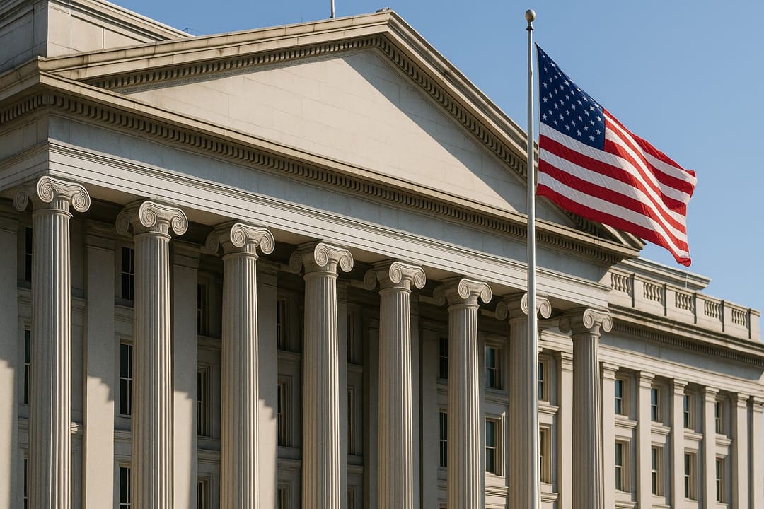 Fasada budynku Departamentu Skarbu USA w Waszyngtonie, symbol decyzji o zwiększeniu skupu długu, która obniżyła rentowności obligacji i wsparła ceny złota i srebra.