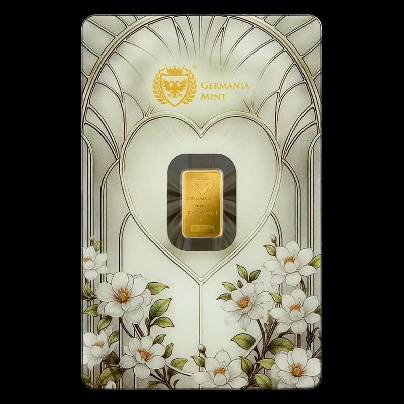 Sztabka złota 1 g Germania Mint „Best wishes” w okolicznościowym Safepacku z życzeniami