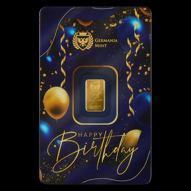 Sztabka złota 1 g Germania Mint „Happy Birthday” w urodzinowym Safepacku