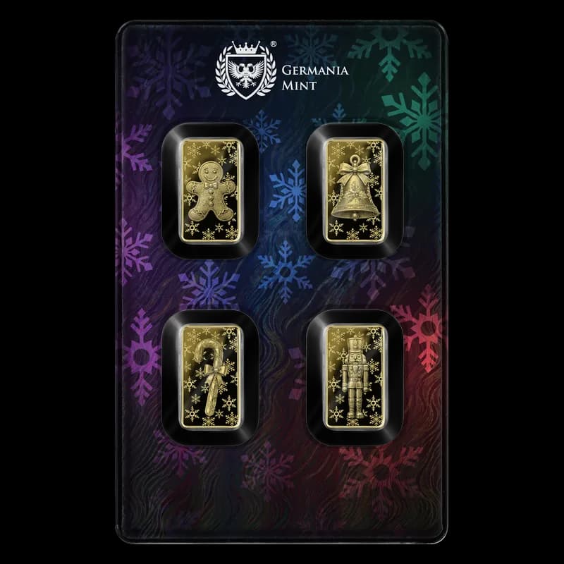 Świąteczny zestaw Germania Mint 2026: cztery sztabki złota proof 1/200 oz w jednym kolorowym Safepacku