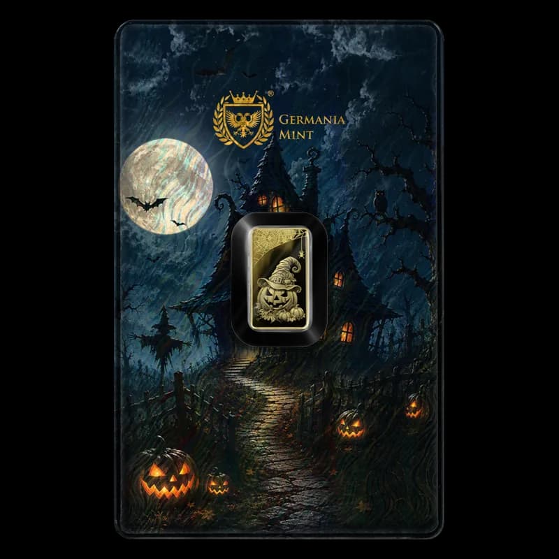 Sztabka złota proof 1/100 oz Germania Mint Halloween 2026 z dynią w Safepacku z nawiedzonym domem