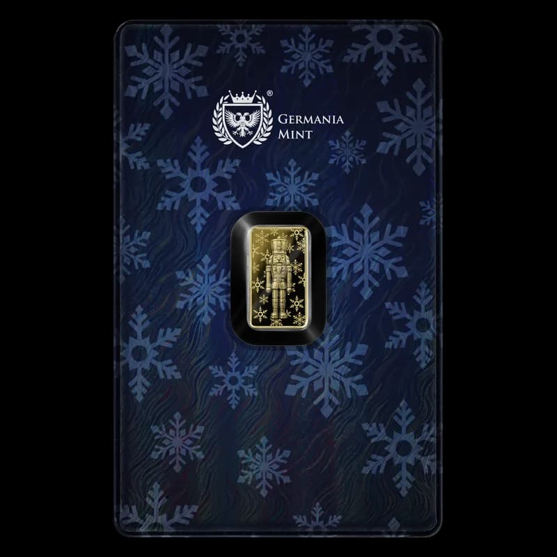 Świąteczna sztabka złota proof 1/100 oz Germania Mint z dziadkiem do orzechów w niebieskim Safepacku ze śnieżynkami
