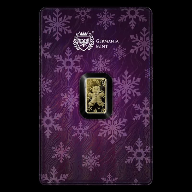 Świąteczna sztabka złota proof 1/100 oz Germania Mint z piernikowym ludzikiem w niebieskim Safepacku
