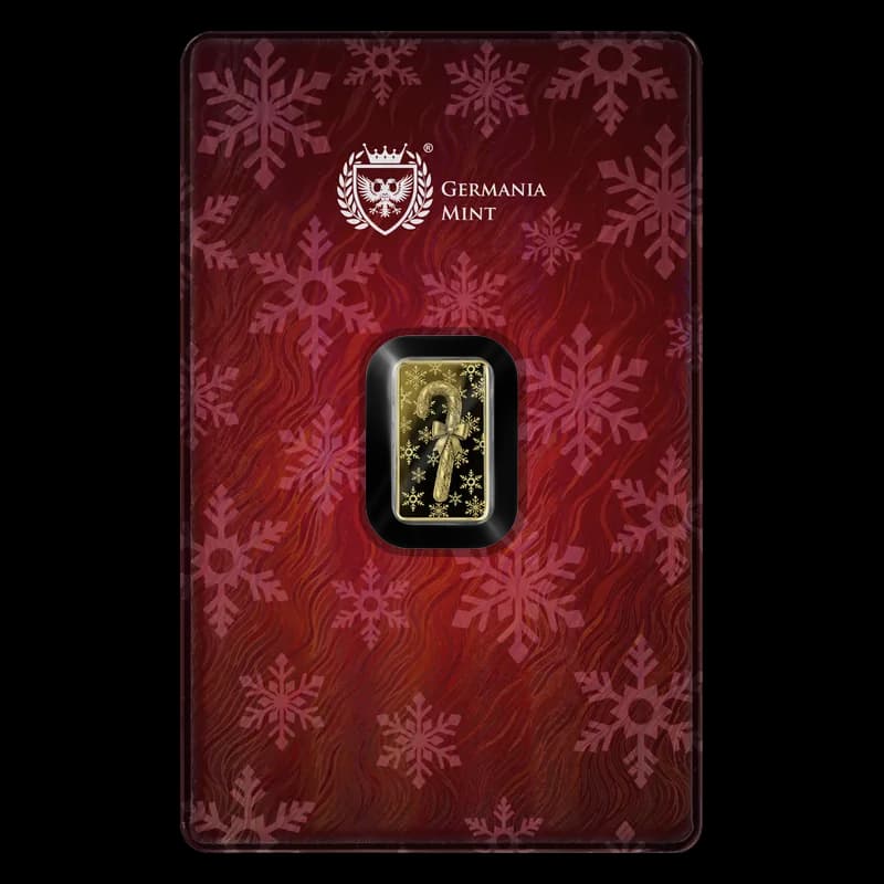 Świąteczna sztabka złota proof 1/100 oz Germania Mint z laską cukrową w niebieskim Safepacku