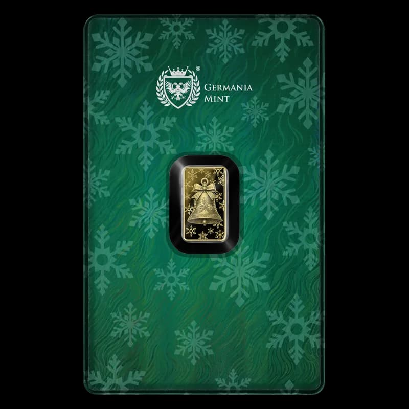 Świąteczna sztabka złota proof 1/100 oz Germania Mint z dzwonkiem i kokardą w niebieskim Safepacku
