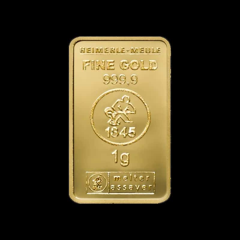 Sztabka złota Heimerle + Meule 1 g, próba 999,9, awers z logo rafinerii 1845