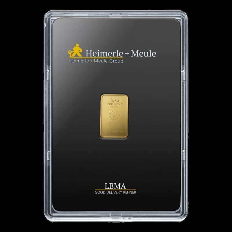 Sztabka złota Heimerle + Meule 2,5 g, próba 999,9, w blistrze z certyfikatem