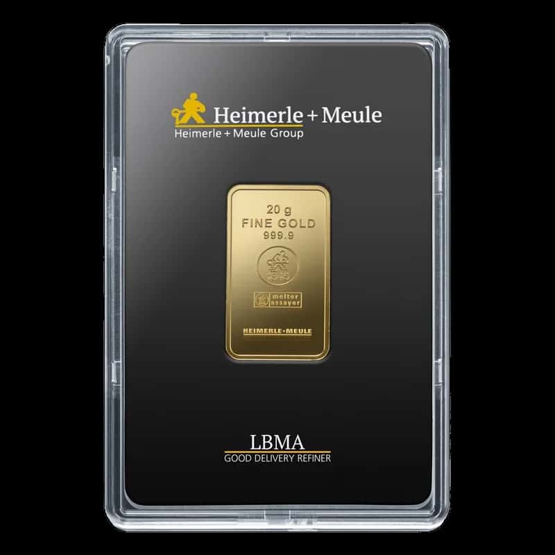 Sztabka złota Heimerle + Meule 20 g, próba 999,9, w blistrze z certyfikatem