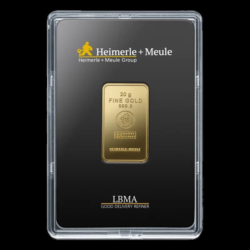 Sztabka złota Heimerle + Meule 20 g, próba 999,9, w blistrze z certyfikatem