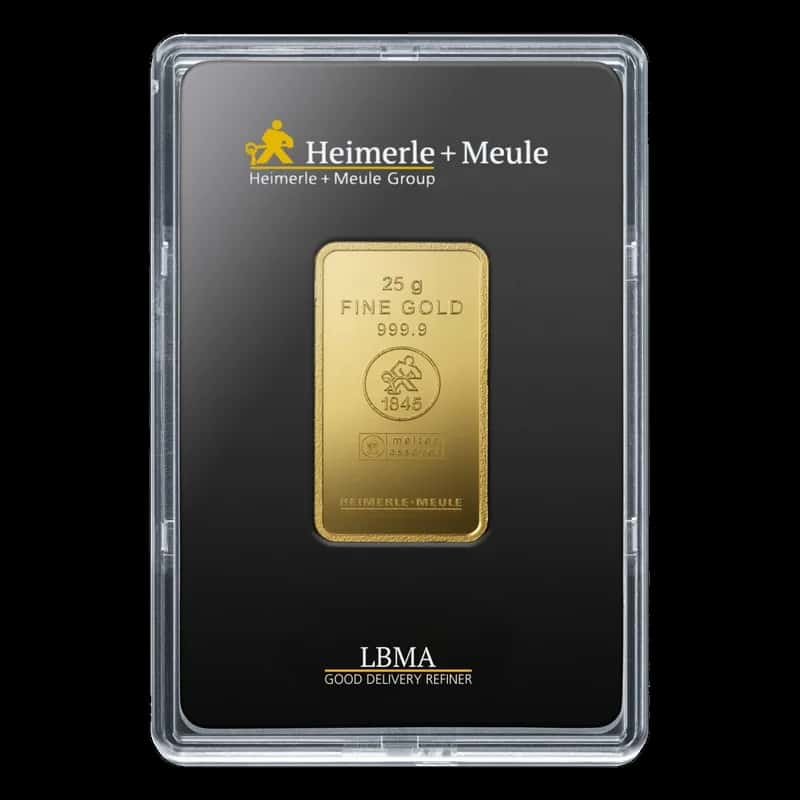 Sztabka złota Heimerle + Meule 25 g, próba 999,9, w blistrze z certyfikatem