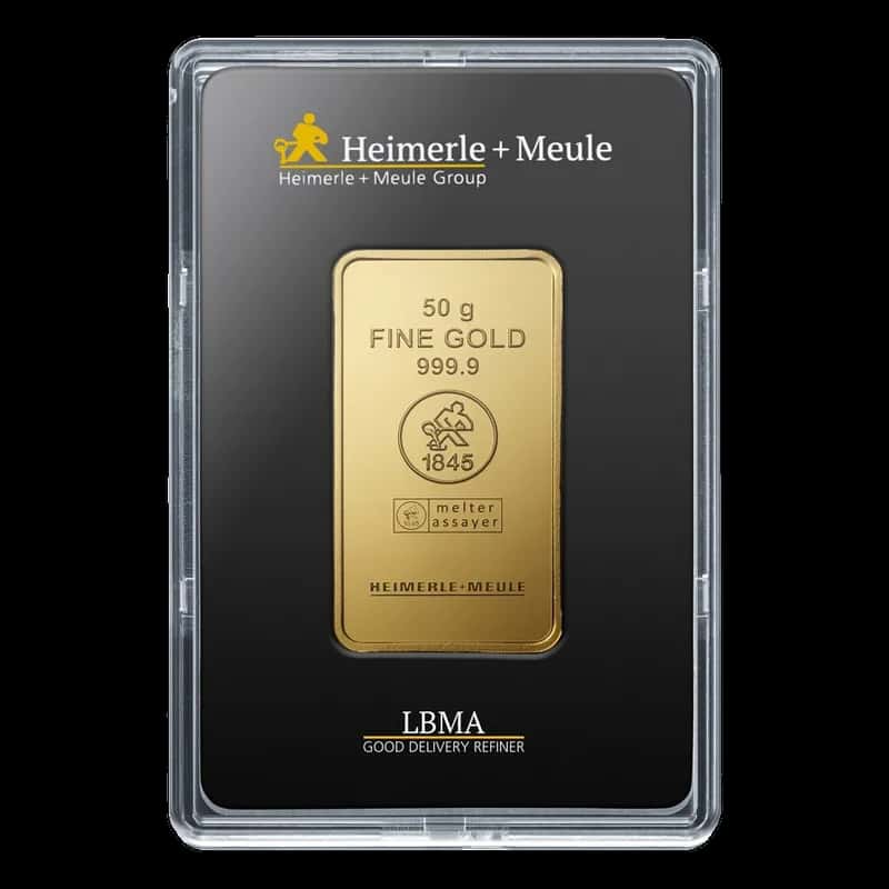 Sztabka złota Heimerle + Meule 50 g, próba 999,9, w blistrze z certyfikatem