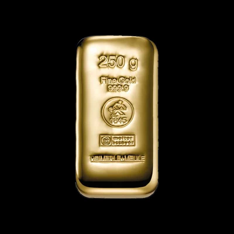 Lana sztabka złota Heimerle + Meule 250 g, Fine Gold 999,9, logo rafinerii 1845