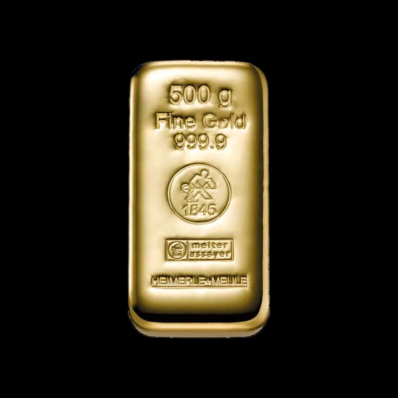 Lana sztabka złota Heimerle + Meule 500 g, Fine Gold 999,9, logo rafinerii 1845