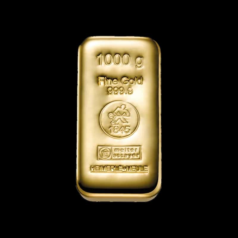 Lana sztabka złota Heimerle + Meule 1000 g, Fine Gold 999,9, logo rafinerii 1845