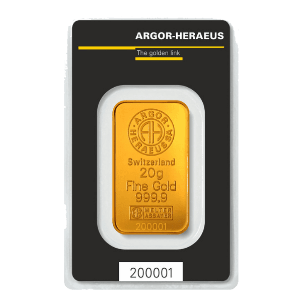 Sztabka złota Argor Heraeus 20 g — złoto inwestycyjne 999,9