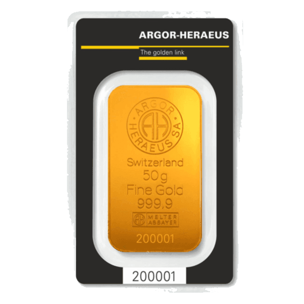 Sztabka złota Argor Heraeus 50 g — złoto inwestycyjne 999,9