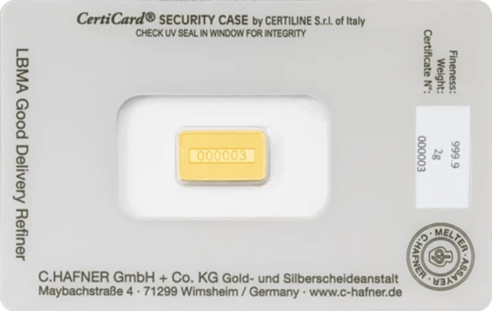 Sztabka złota C.Hafner 2 g — złoto inwestycyjne 999,9 (LBMA)