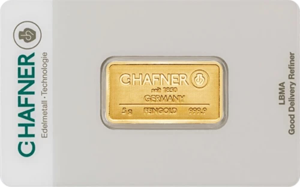 Sztabka złota C.Hafner 5 g — złoto inwestycyjne 999,9 (LBMA)