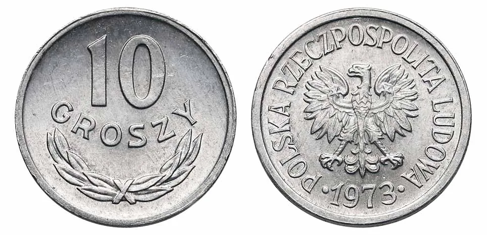 Rzadka polska moneta 10-groszowa z 1973 roku (bez znaku menniczego)