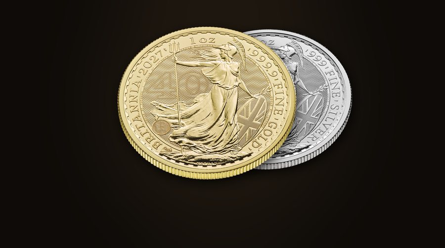 Złota i srebrna moneta Britannia 2027 o masie 1 uncji, rewersy z postacią Britannii i jubileuszowym znakiem fali z liczbą 40 i 30