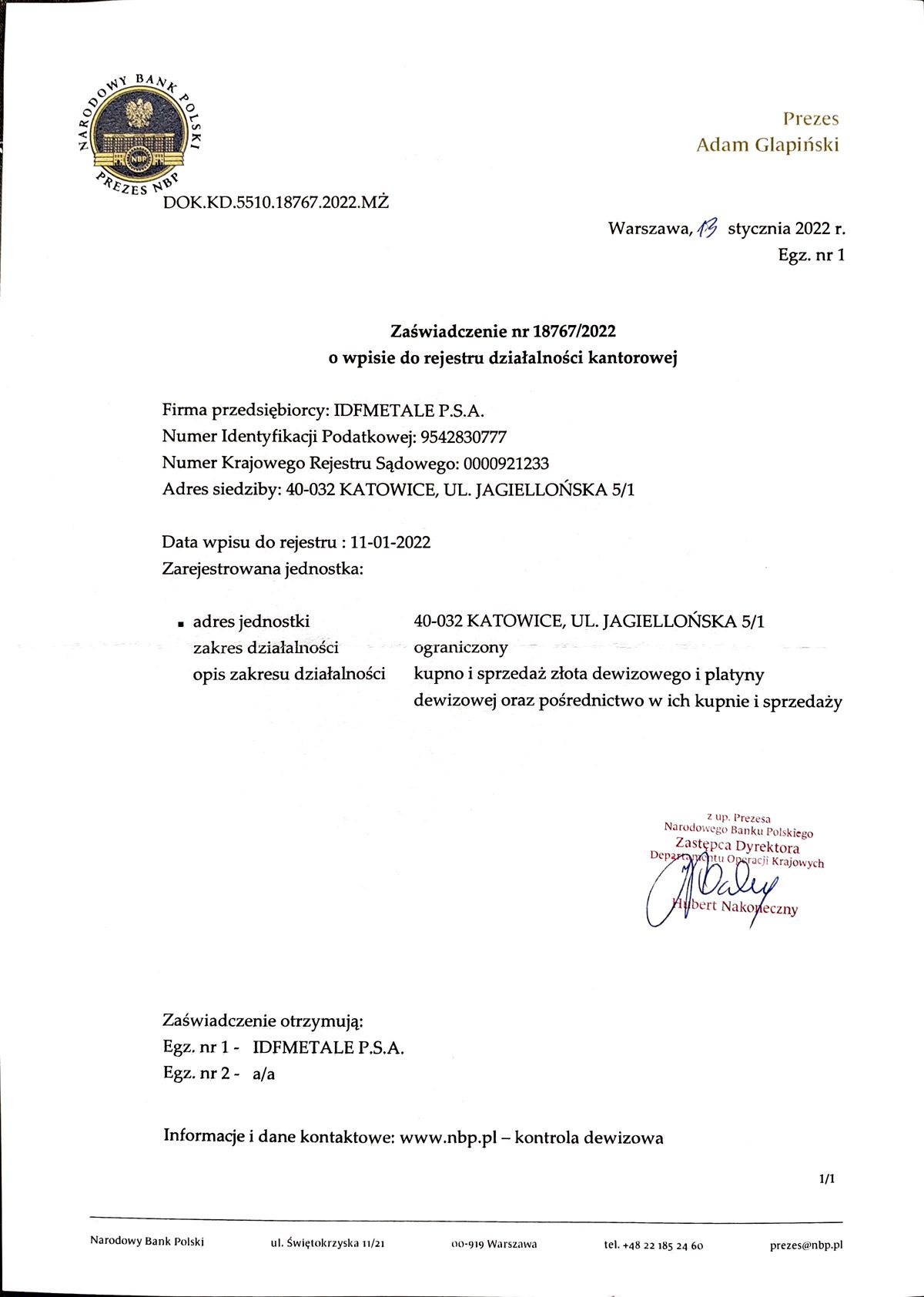 Zaświadczenie Narodowego Banku Polskiego nr 18767/2022 o wpisie IDF Metale P.S.A. do rejestru działalności kantorowej